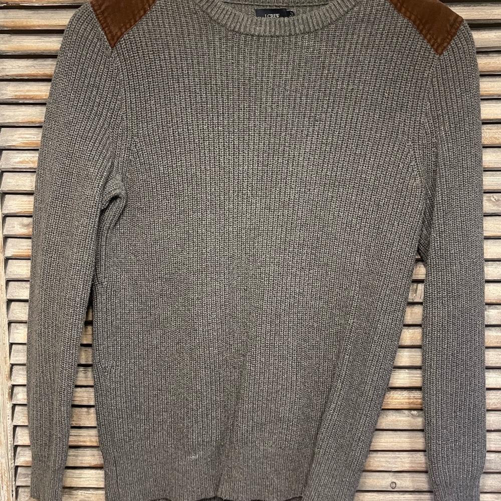 J. Crew Gray Crewneck Sweater with Brown Shoulder Patches